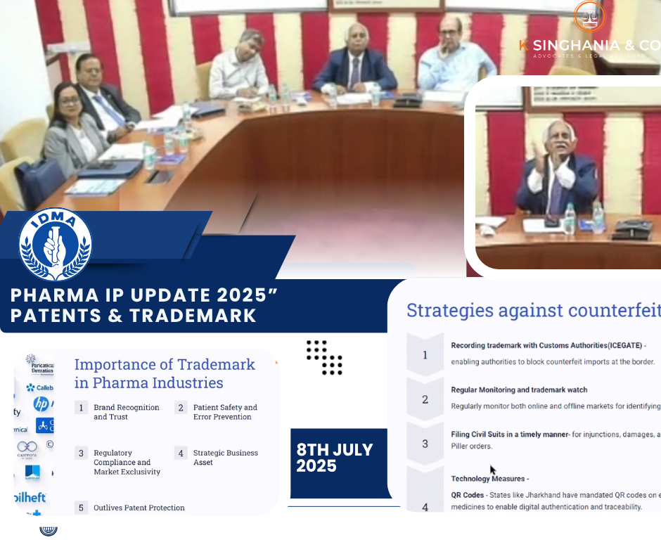 Round‑table panel at IDMA’s “Pharma IP Update 2025” webinar, featuring Dr Gopakumar G. Nair, Krrishan Singhania, Srishti Singhania and fellow experts, alongside key slides on trademark importance and anti‑counterfeit strategies.